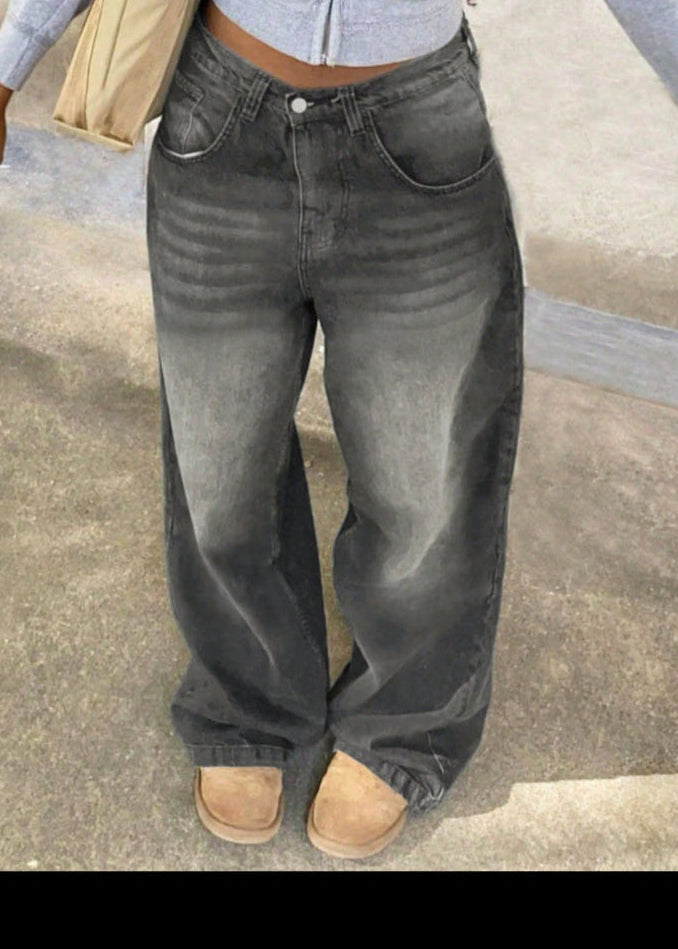 Women'S Loose Casual Straight Leg Mid-Waist Jeans, New European and American Street Style, Spring/Autumn