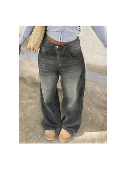 Women'S Loose Casual Straight Leg Mid-Waist Jeans, New European and American Street Style, Spring/Autumn