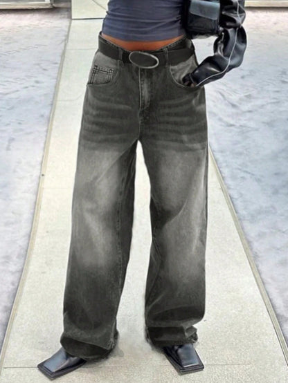 Women'S Loose Casual Straight Leg Mid-Waist Jeans, New European and American Street Style, Spring/Autumn