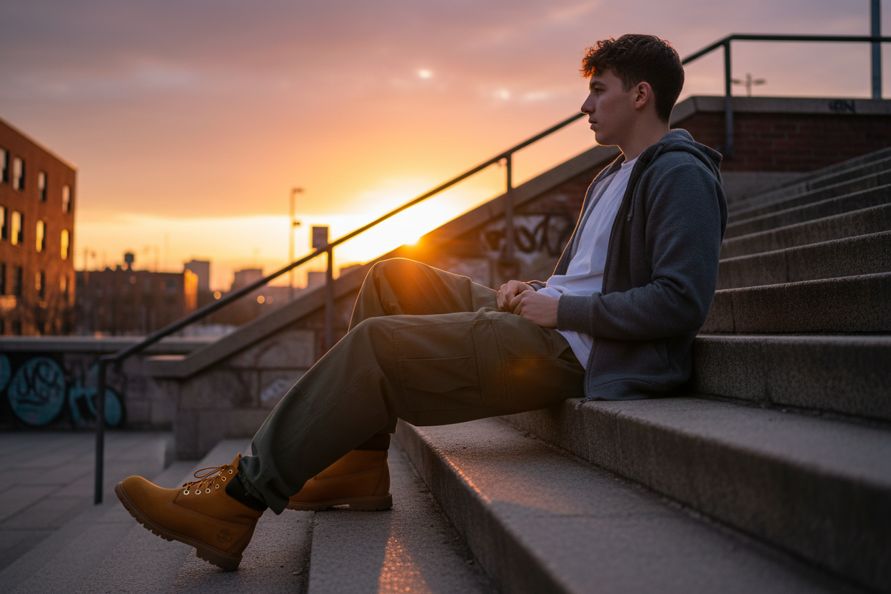 baggy pants with a white tee and a gray zipup hoodie zipped up halfway with timbs and a man sitting on stairs in the sunset side angle