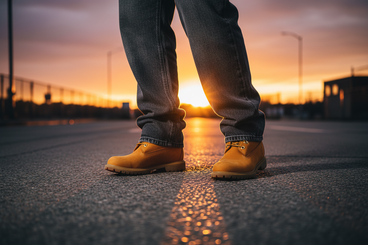 baggy pants with timbs and a sunset but only showing the bottom of the timbs and pants